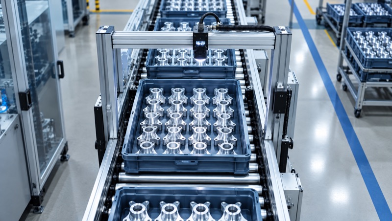 Illustrative video, generated for this page. A camera over a gate counts each tray. Not the plant.